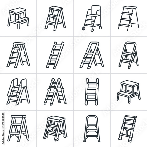 Stepladder and extension ladder outline icon set.