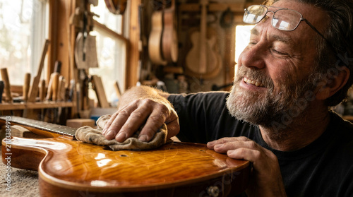 Man luthier polishing wooden electric guitar body in workshop. Craftsman cleaning musical instrument surface after construction. Skilled worker maintaining acoustic equipment instrument