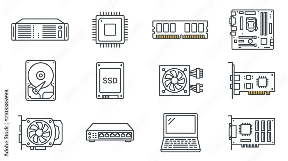 Fototapeta premium Computer hardware and electronic component icons.