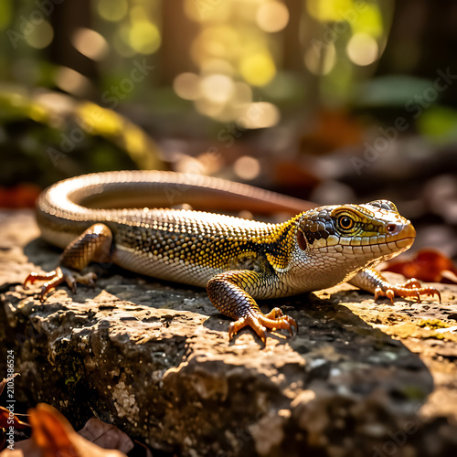 Lizard basking on rock in forest sunlight