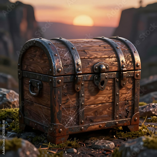 Old wooden treasure chest on rocky terrain at sunset