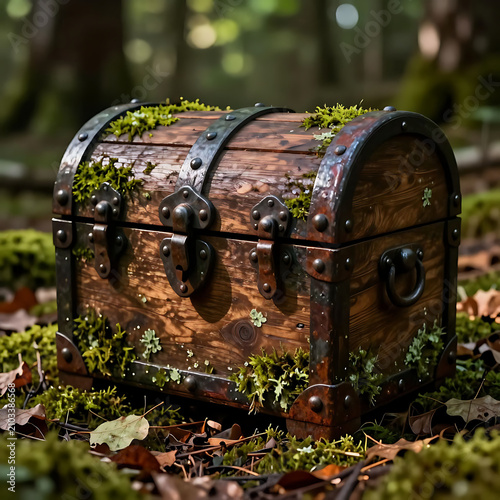 Old wooden chest covered in moss and lichen in forest