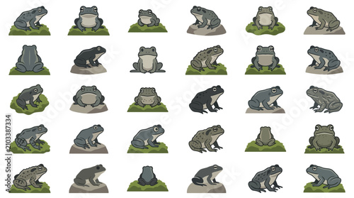 Fotografie Detailed frog and toad icons perched on stones and moss.