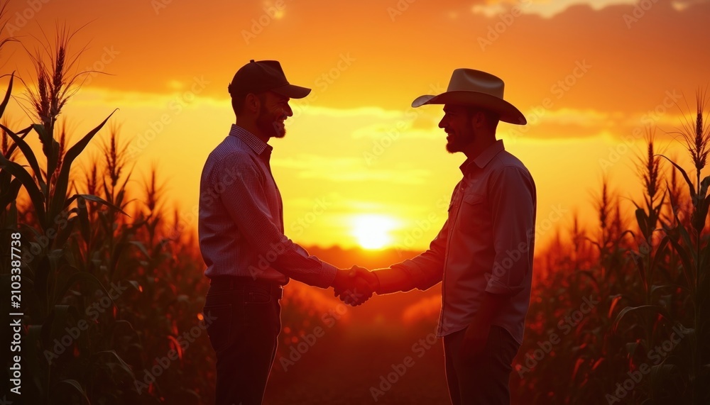 Fototapeta premium Farmer, businessman shake hands in corn field at sunset. Two men silhouette agreement outdoors during golden hour. Professional partnership deal in rural agriculture land. Agricultural manager talks