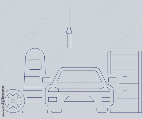 Modern residential garage interior design line vector illustration with car, spare tire, stepladder, storage drawer cabinet, and hanging light hand drawn doodle sketch