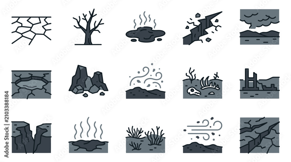 Obraz premium Drought and earthquake disaster landscape icon set.