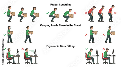 Photos Ergonomic guide for proper squatting, carrying loads, and desk sitting