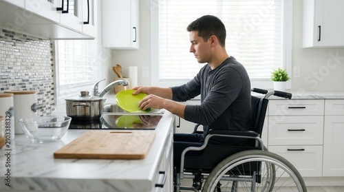 Man in a wheelchair washing colorful plates at the kitchen sink.