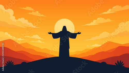 Εκτύπωση καμβά Jesus with open arms at sunset flat vector illustration