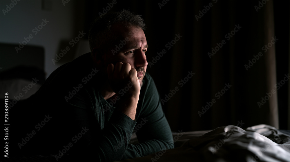 Fototapeta premium Man struggling with depression caused by the cost of living crisis, sitting in darkness and worrying about rent, food and everyday expenses , man looking very sad, man is laying in