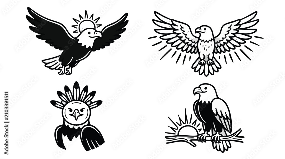 Naklejka premium Eagle Vector Illustration Set Hand Drawn Line Art Logo Icons