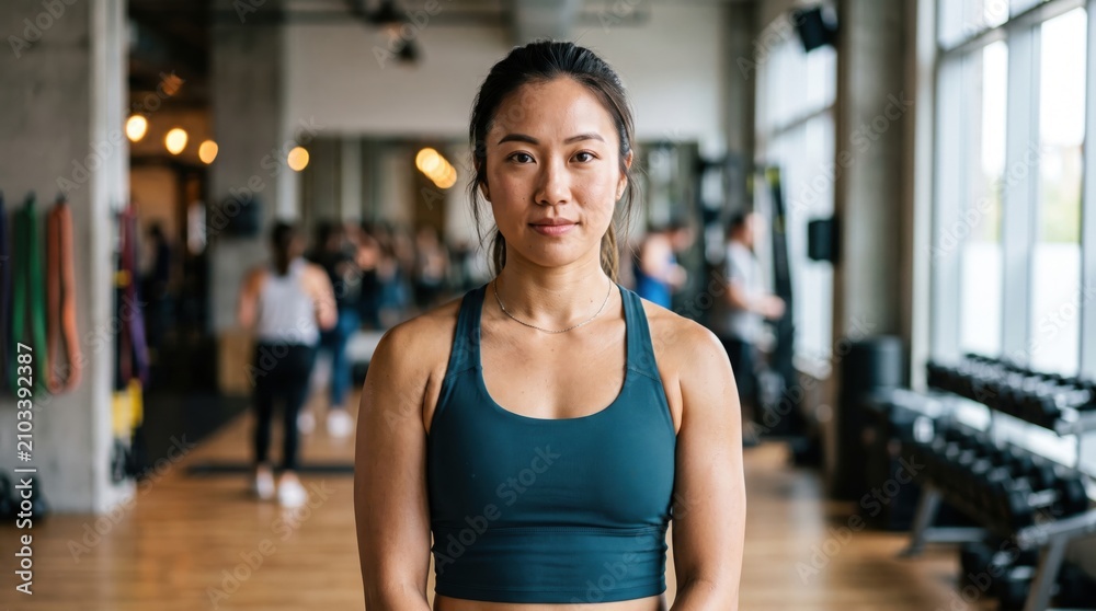 Fototapeta premium Confident Asian woman standing in a modern fitness gym looking at camera after her intensive strength training workout session