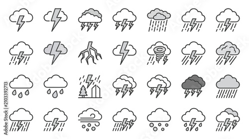 Canvas Print Severe weather and precipitation line icons set