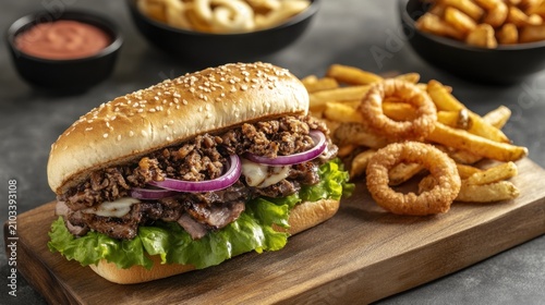 Gourmet sandwich with fries and onion rings (1)