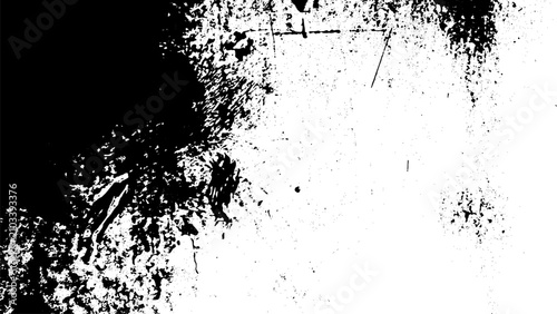 Heavy grunge overlay texture with black ink splatters and dirty stained corner borders.
