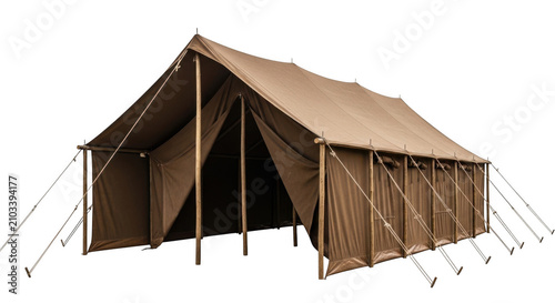 Large brown canvas military tent isolated on transparent background