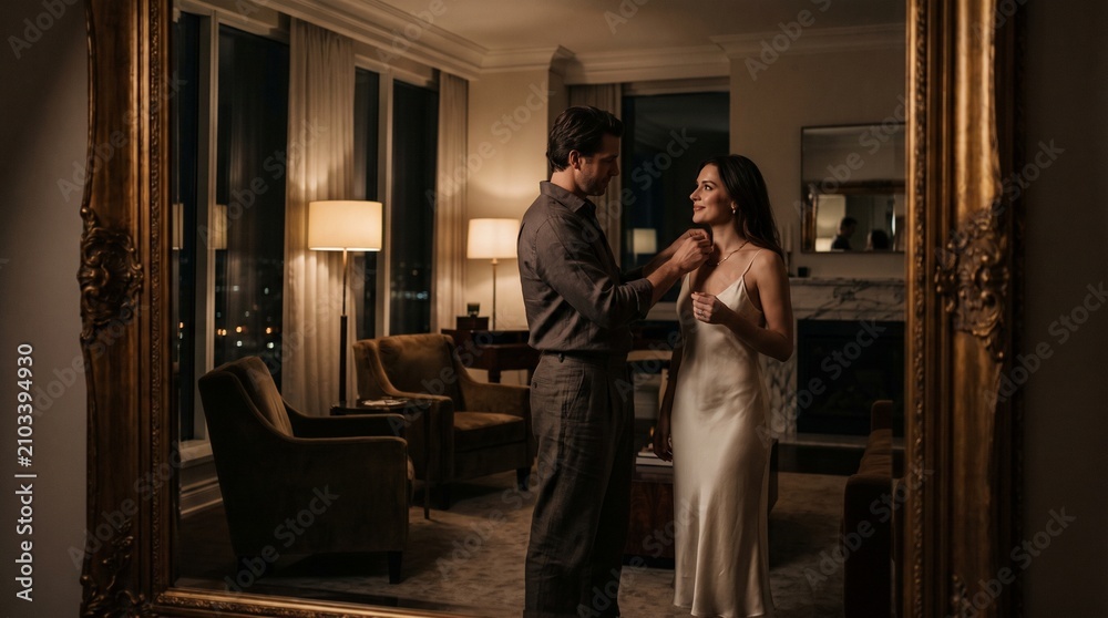 Fototapeta premium Elegant corporate couple in formal evening wear preparing for a romantic date night in a dimly lit luxury hotel suite, showcasing sophisticated high-society nightlife and luxury resort hospitality.