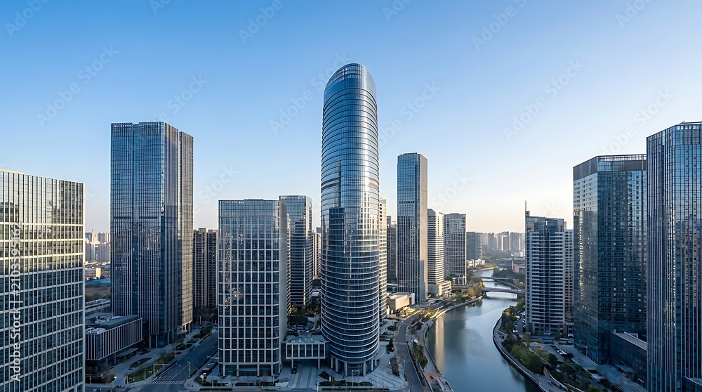 Fototapeta premium Aerial view of a modern city skyline with towering skyscrapers and a winding river under a clear blue sky, representing urban development