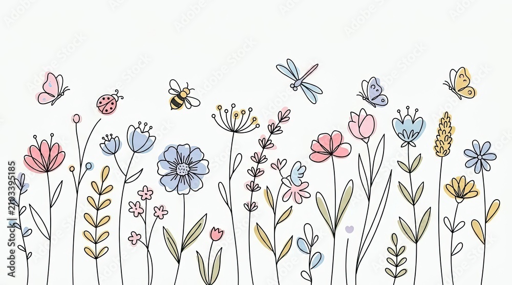 Obraz premium Delicate hand-drawn meadow flowers with butterflies and dragonflies.