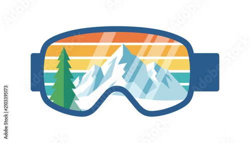 Ski mask lens showing a cold mountain terrain and a tall tree with a sunset colored sky behind.