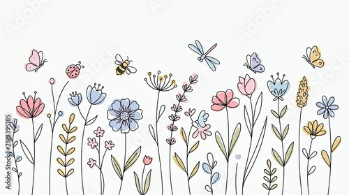 Delicate hand-drawn meadow flowers with butterflies and dragonflies.