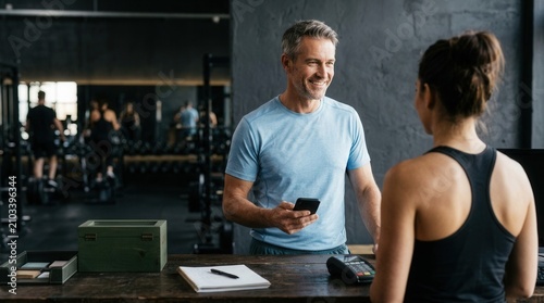 Friendly staff member assisting a customer at a modern sport and wellness gym reception.