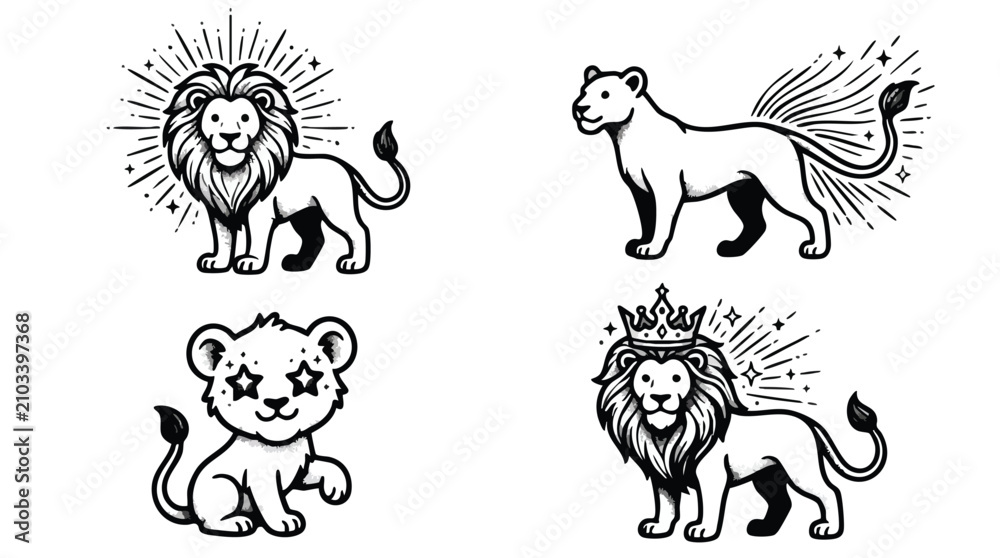Obraz premium Hand Drawn Lion and Cub Vector Illustration Set