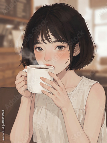 カフェで温かいコーヒーを飲みながらリラックスする涼しげな服装の女性のイラスト