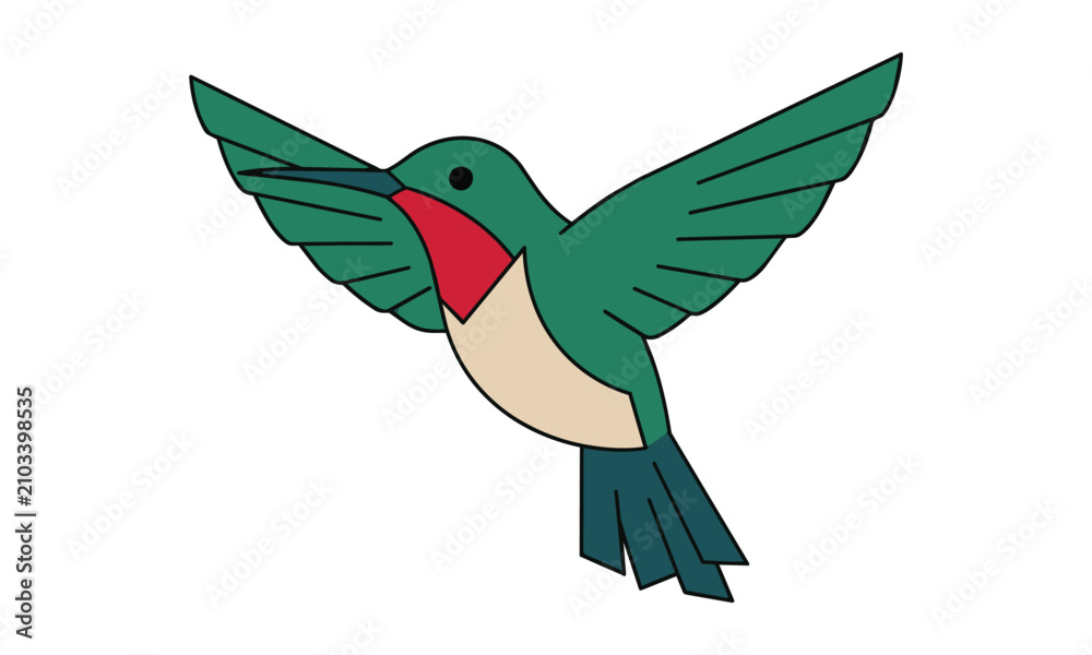 Fototapeta premium Hummingbird in mid-flight created with flat geometric shapes in emerald and ruby colors isolated on a white background minimalist nature design concept