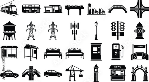Fotografie Urban Infrastructure and Transportation Silhouettes Set Featuring Public Transit