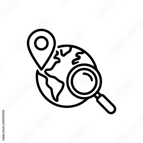 Obraz na plátne Magnifying glass searching over earth globe with location map pin isolated on white background symbolizing global information retrieval internet search localization and geography finding