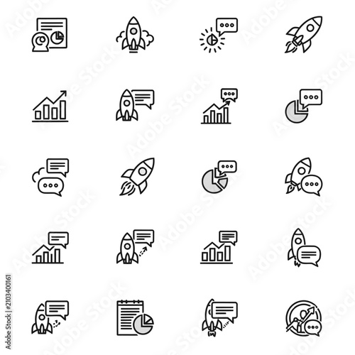 Minimalist Vector Line Icons Set for Business Growth, Startup Innovation, and Communication Strategy Flat Design Symbols for Analytics, Success, and Project Development on a Clean White Background