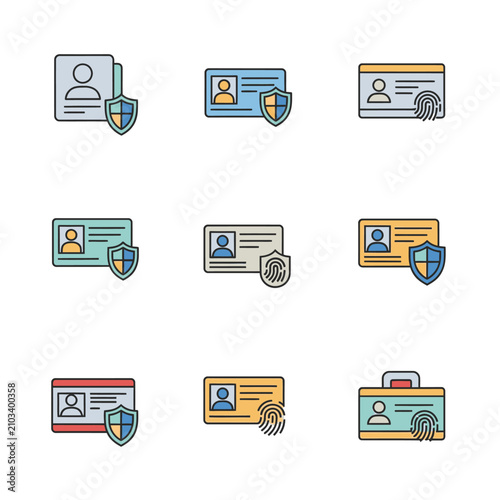 Minimalist Vector Flat Design Icon Set Illustrating Secure Identification Cards, Personal Data Protection, and Biometric Security for Digital Identity Verification