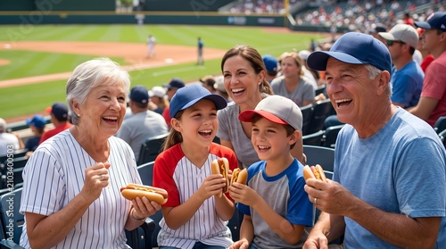 Family watching baseball game cheering and eating hot dogs in stadium stands