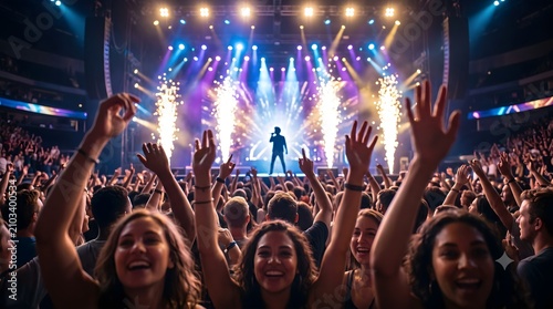 Concert stage pyrotechnics silhouette with cheering hands raised at a stadium performance
