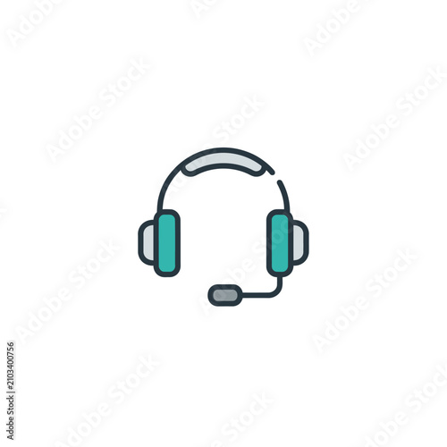 Minimalist vector icon of a headset with a microphone, ideal for depicting customer support, online communication, and audio services. Flat design, isolated on white