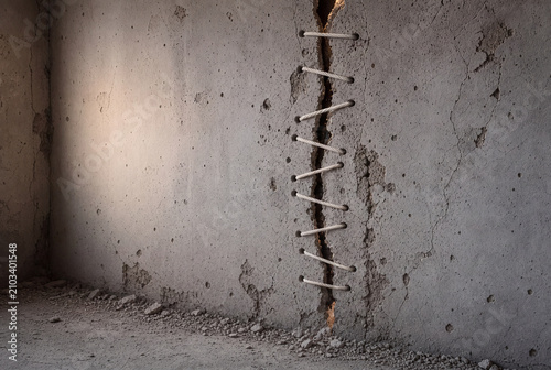 Stitched Cracked Wall Symbolizing Repair After War