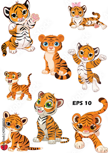 Cute cartoon tiger cubs in playful poses and expressions. Adorable vector animal characters for kids design and cheerful illustrations.