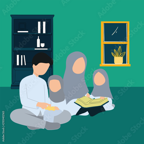 Muslim family breaking fast during Ramadan with iftar meal. Father and children sharing traditional evening dinner at home.