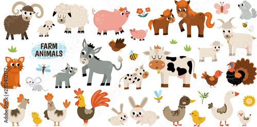 Cute farm animals illustration set for children's educational materials. Colorful cartoon livestock and poultry vector collection for kids learning.