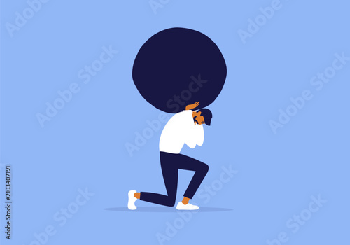 Man struggling under heavy emotional burden. Person balancing large dark sphere symbolizing stress and pressure.