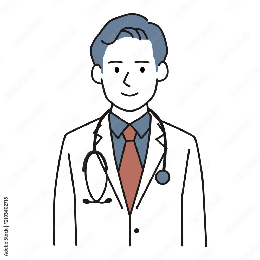 Fototapeta premium Smiling male doctor with stethoscope standing in basic front view pose, professional physician flat vector illustration