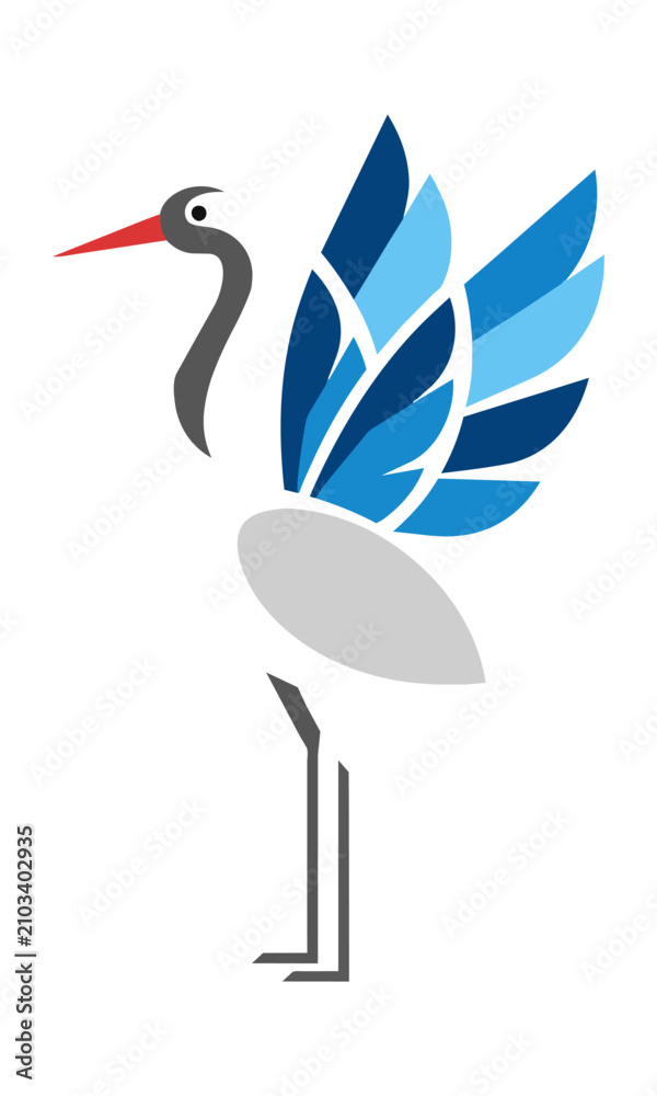Obraz premium A graceful crane in a standing pose with stylized wings and abstract feather patterns isolated on white. Minimalist design concept
