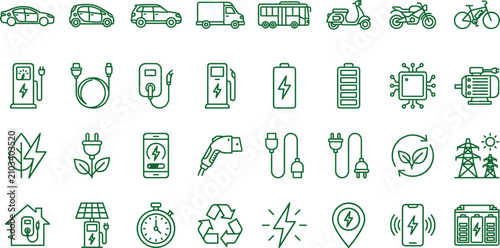 Bild auf Leinwand Sustainable electric vehicle and charging infrastructure green line icons set fo