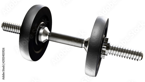 Fotografie A collapsible dumbbell with rubberized black weight plates, a shiny metal handle, and locks on a transparent background