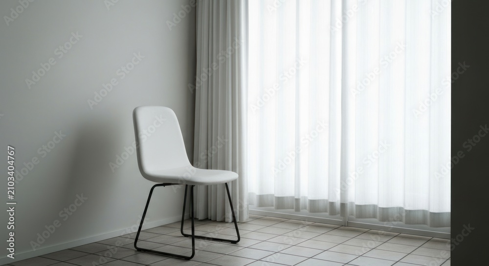 Fototapeta premium Minimalist room with a white chair and sheer curtains
