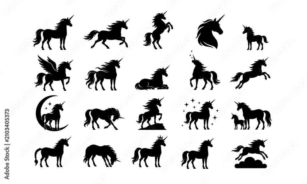 Fototapeta premium Black unicorn and fantasy horse silhouette set