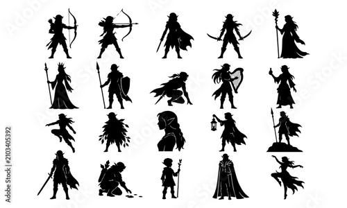 Fotografie Black fantasy archer and ranger silhouette set