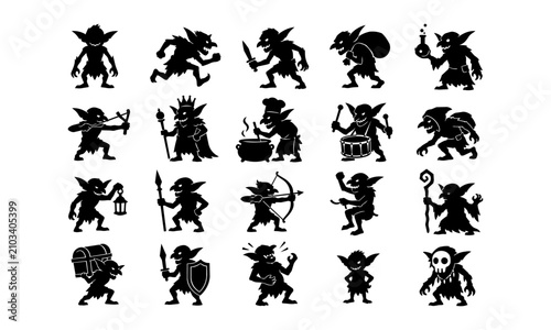 Black goblin and fantasy warrior silhouette set