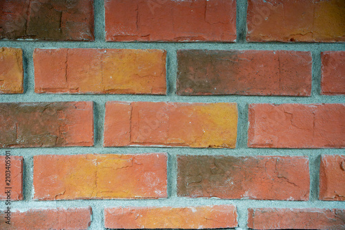 Photography Close-Up of Red and Orange Brick Wall Texture with Traditional Masonry Pattern
